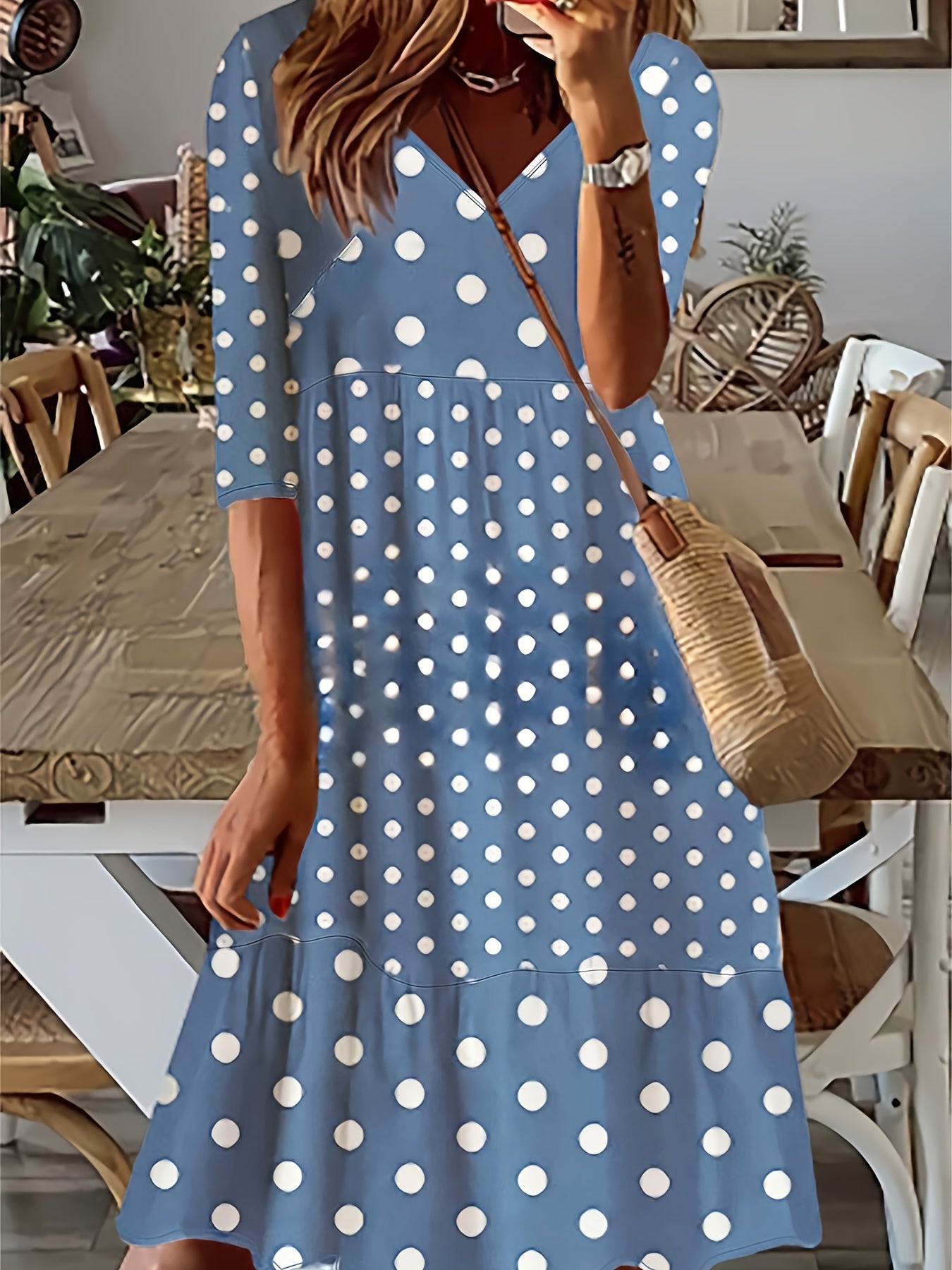 Dot Print V Neck Stretch Maxi Dress