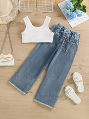 Girls Tank Crop Top & Elastic Waist Jeans 2pcs York Print Casual Kids Clothes