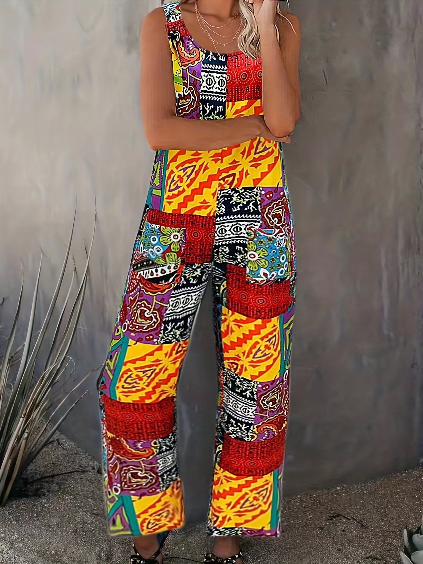 Boho Patchwork Print Overall Jumpsuit for Spring & Summer