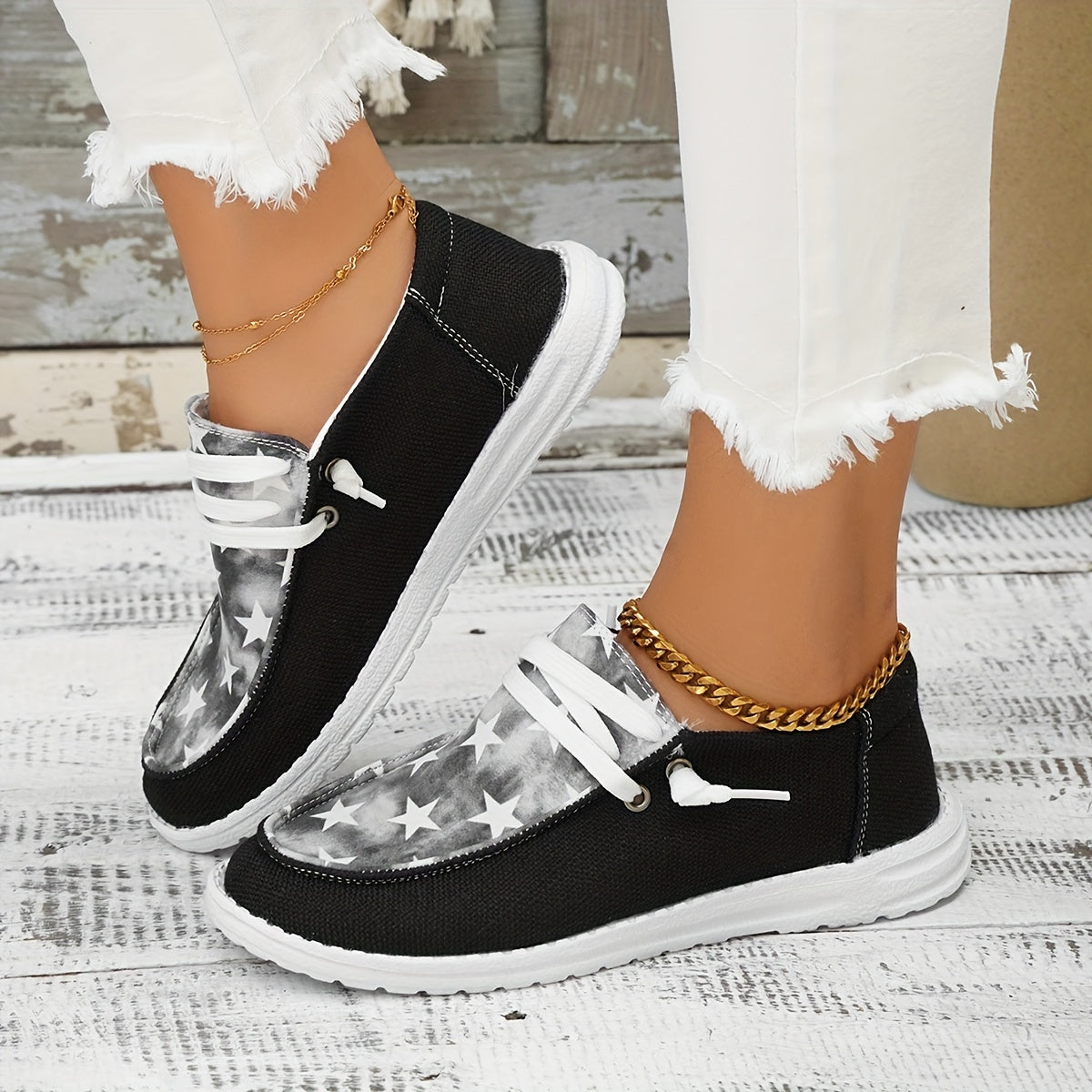 Women's Star Pattern Canvas Lace Up Shoes Lightweight Low Top Sneakers