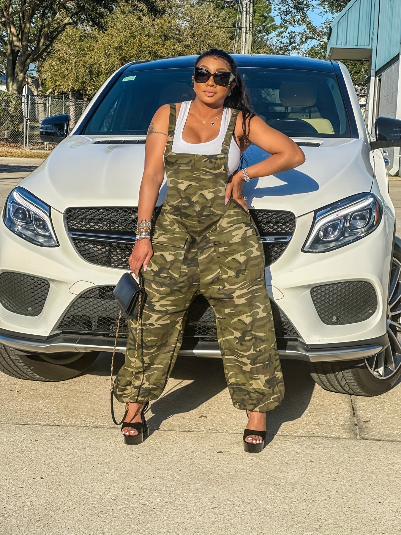 Y2K Camo Print Cami Cargo Jumpsuit Sleeveless Backless Summer Pockets