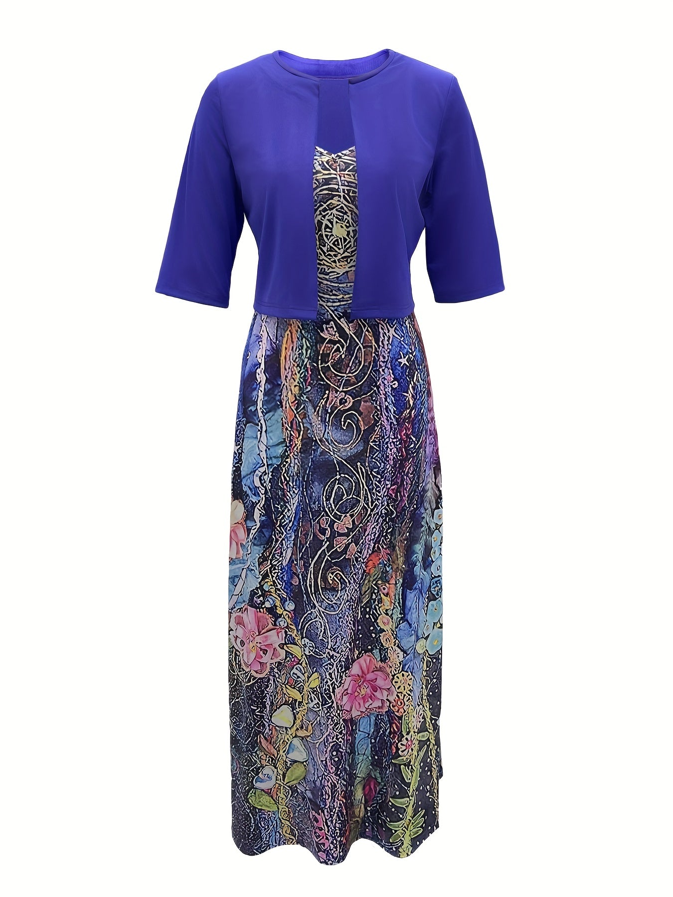 Two Piece Dress Set Solid Half Sleeve Crop Cardigan & Floral Print Cami Dress