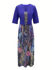 Two Piece Dress Set Solid Half Sleeve Crop Cardigan & Floral Print Cami Dress