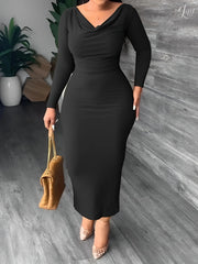 Solid Long Sleeve Cowl Neck Dress