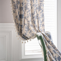 American Flower Cotton and Linen Curtain with Beige Fringed