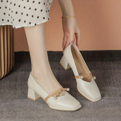 Retro Pearl Decor Square Toe Pumps Chunky Heel Dress Shoes