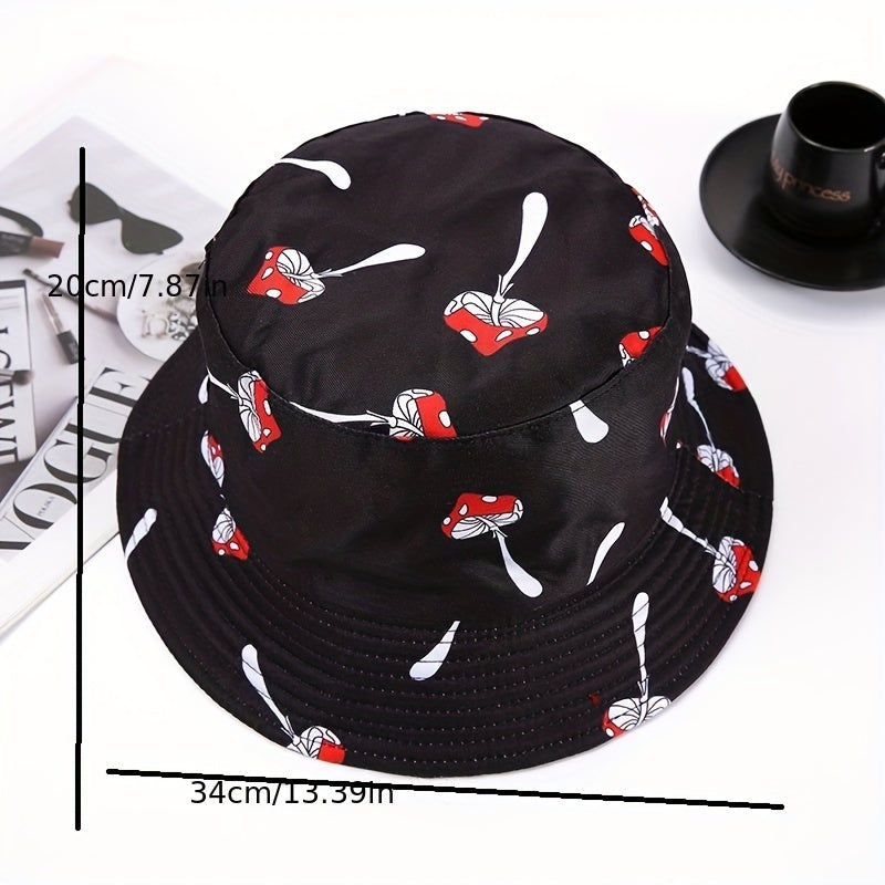 Red Mushroom Print Bucket Hat Casual Sunshade Basin Hat Unisex