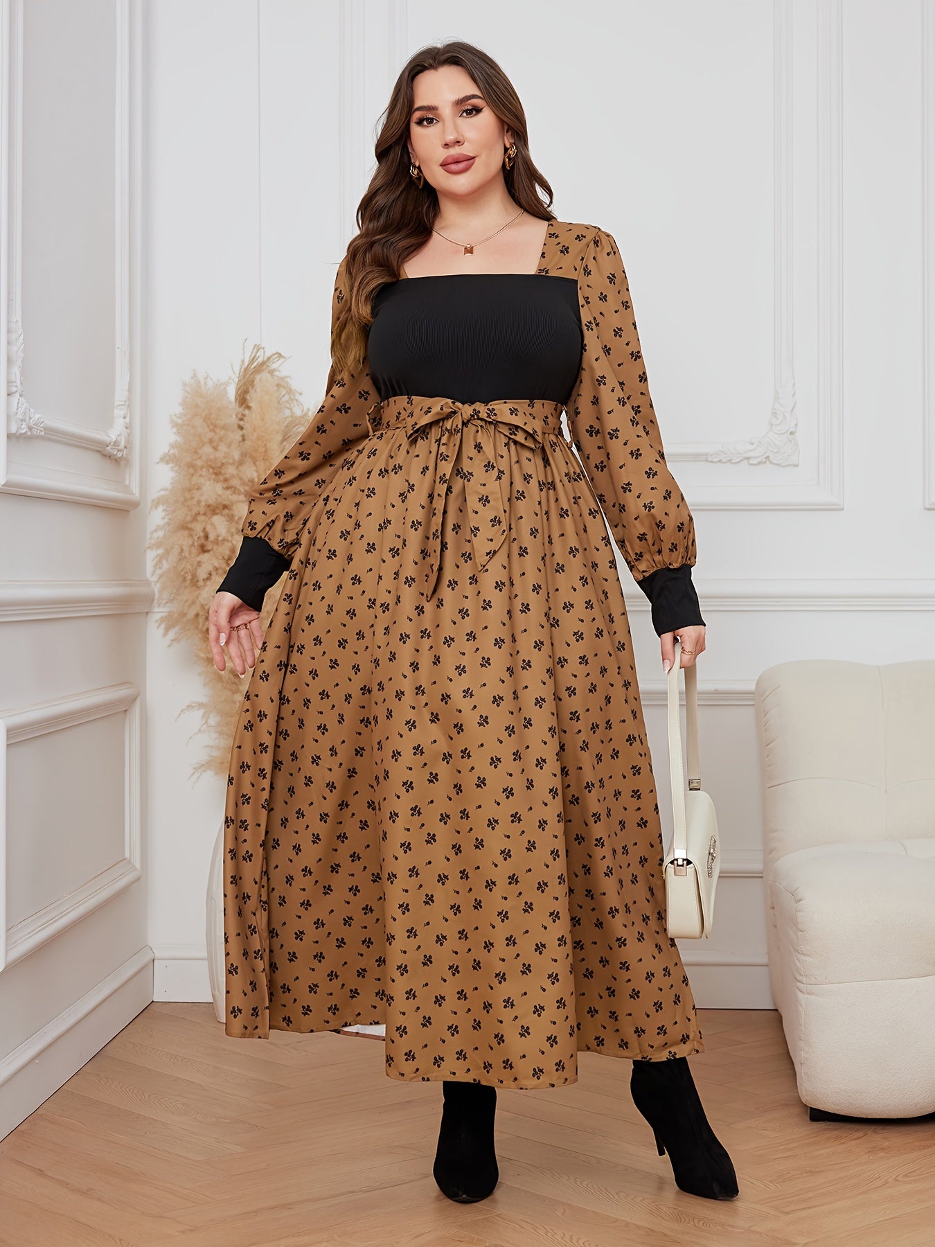 Colorblock Floral Lantern Sleeve Maxi Dress