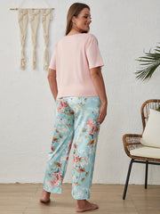 Casual Pajamas Set Women's Plus Soft Tee & Floral Print Pants