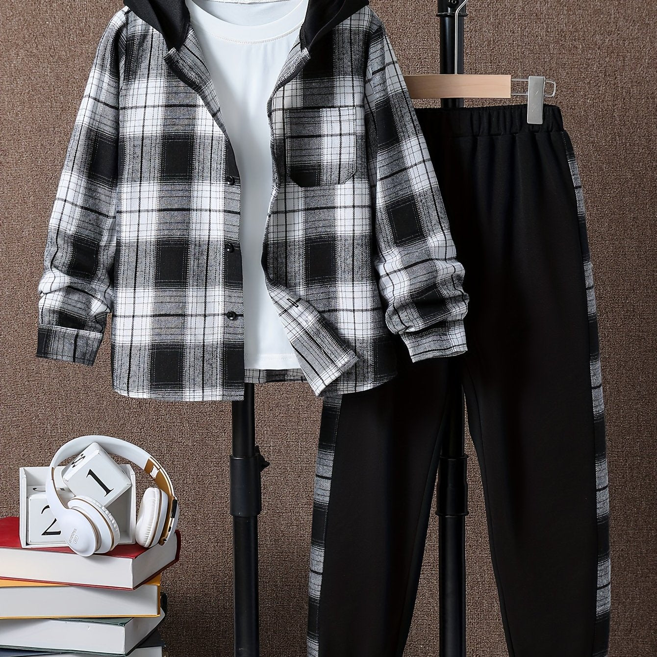 Boy's Plaid Hooded Shirt & Sweatpants Set Street Style Outfits