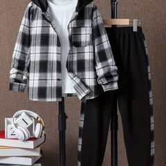 Boy's Plaid Hooded Shirt & Sweatpants Set Street Style Outfits