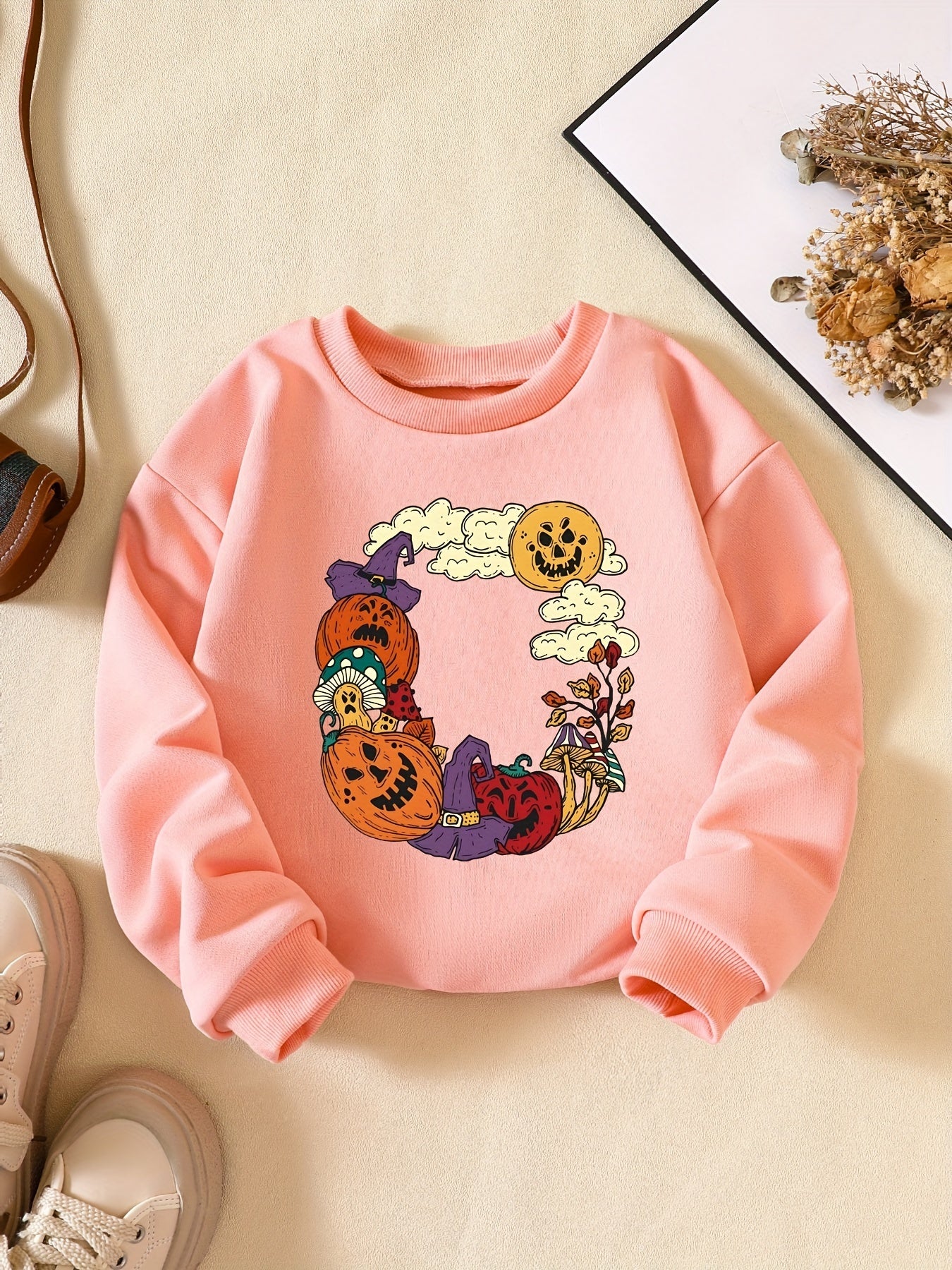 Girls' Halloween Element Print Crew Neck Sweatshirt Long Sleeve Pullovers