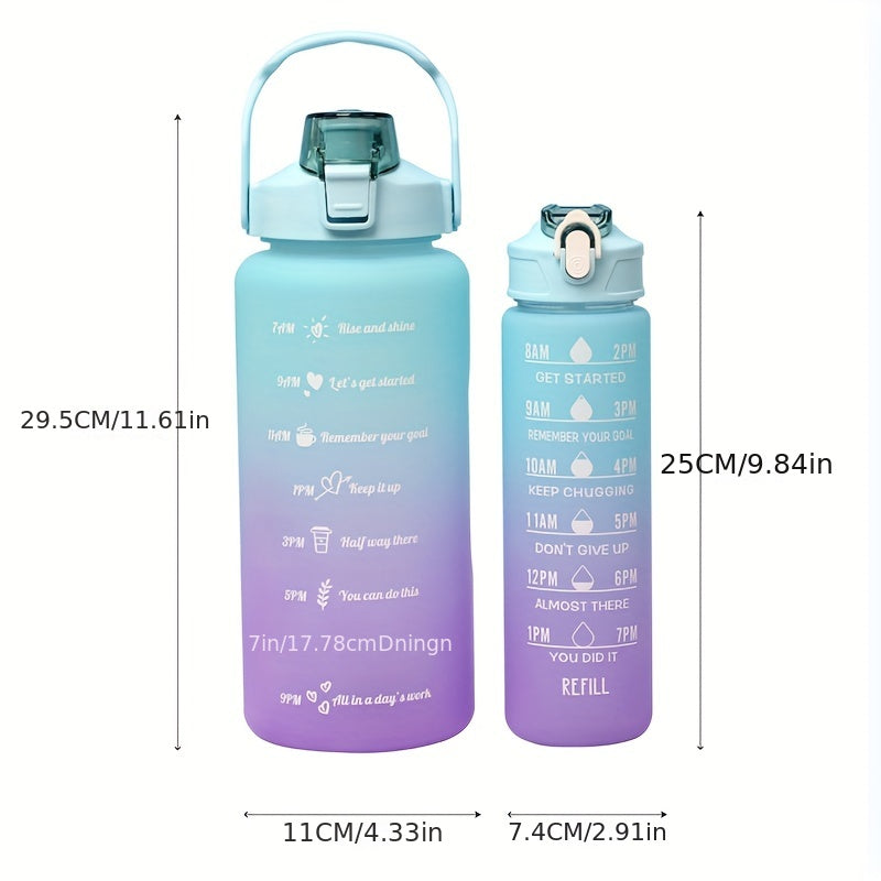 2pcs Gradient Sports Water Bottle with Straw 2000ml 750ml Large Capacity