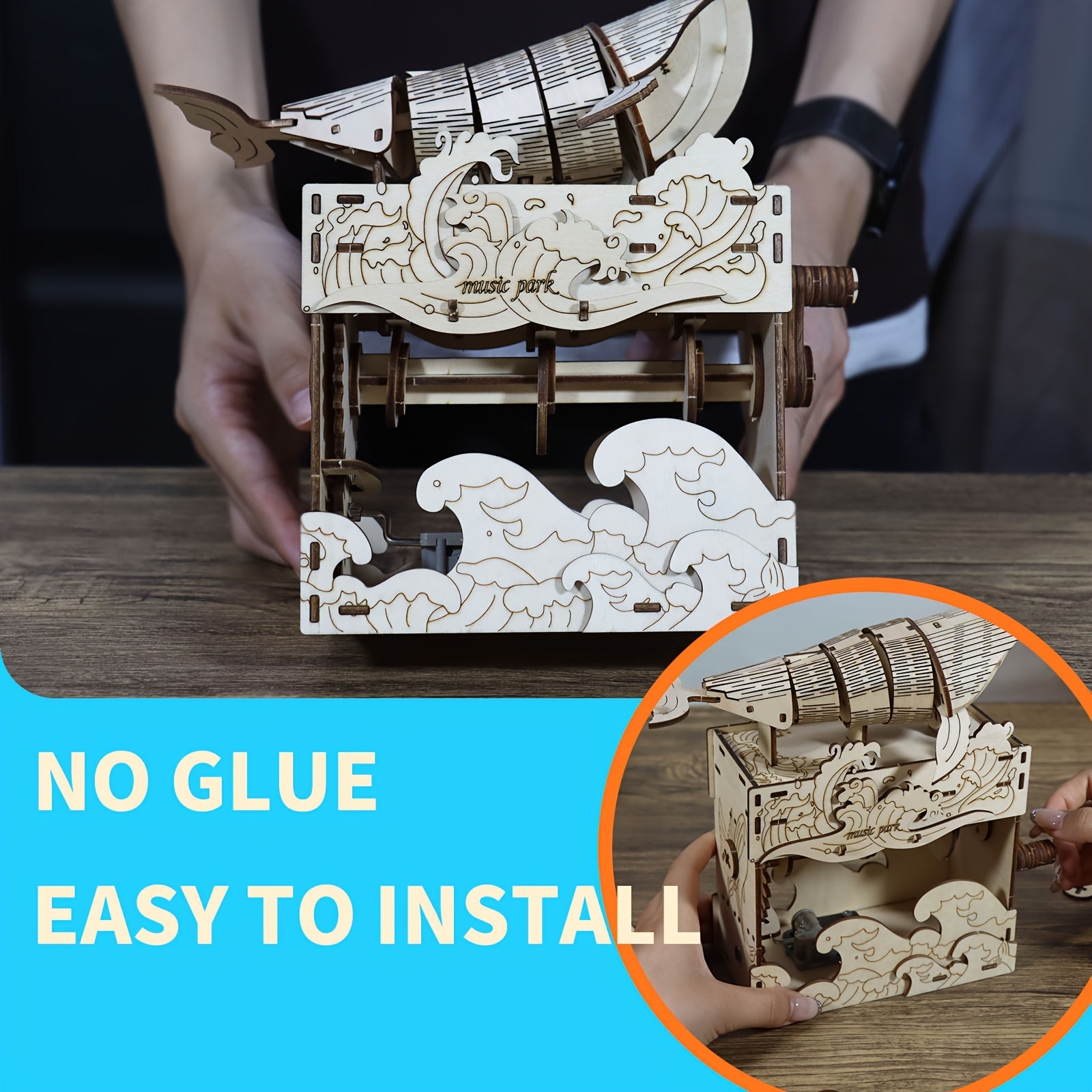 3D Wooden Puzzle Whale Music Box Handcrafted Marine Mechanical Wind Up Soothing