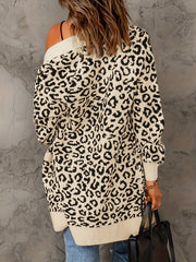 Leopard Pattern Contrast Trim Open Front Sweater Cardigan