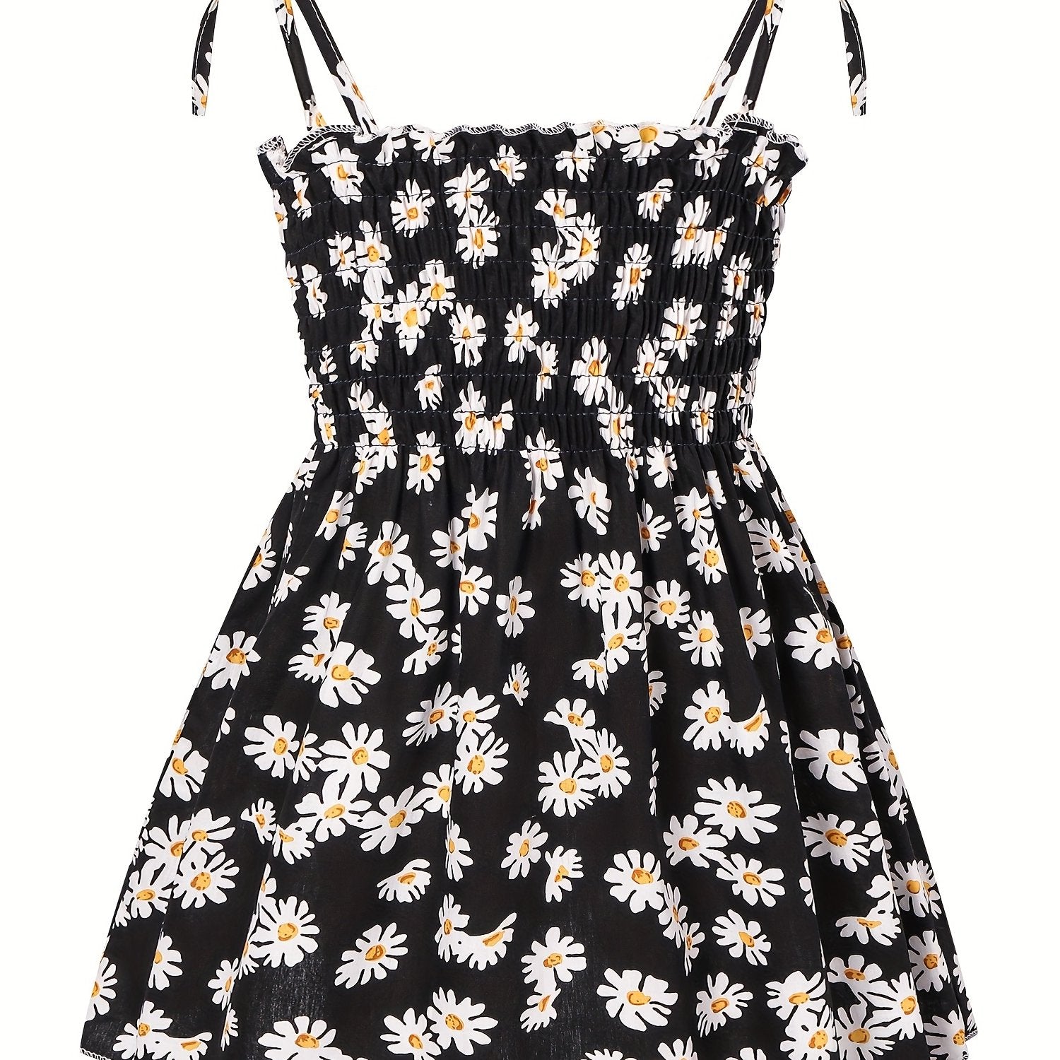 Toddler Girls Daisy Graphic Frill Trim Shirred Bow Shoulder Princess Cami Dress
