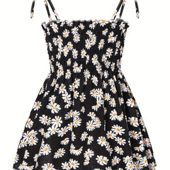 Toddler Girls Daisy Graphic Frill Trim Shirred Bow Shoulder Princess Cami Dress
