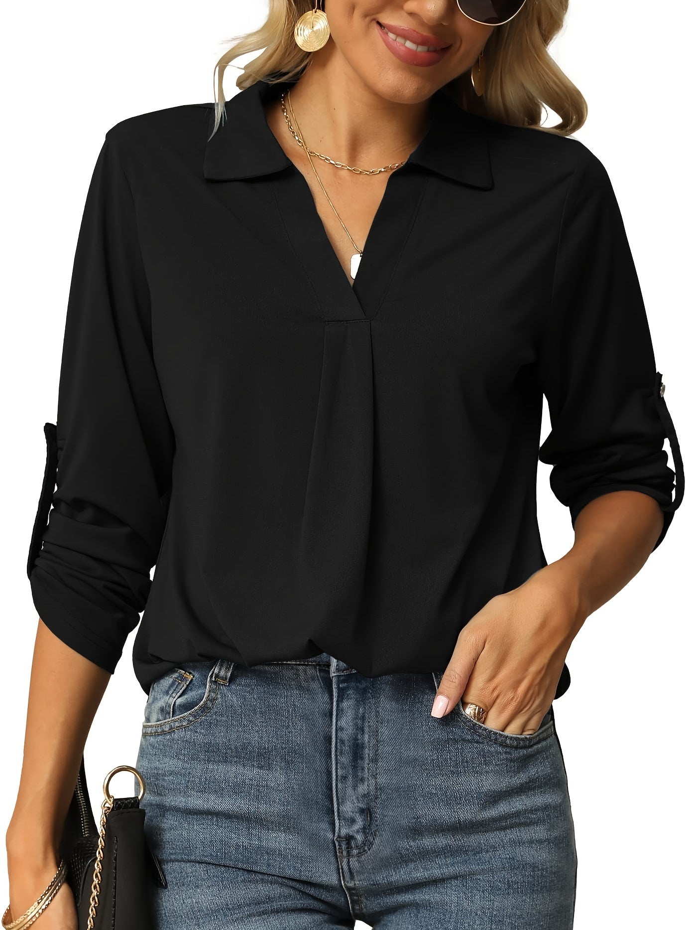 Solid Lantern Sleeve V Neck Blouse