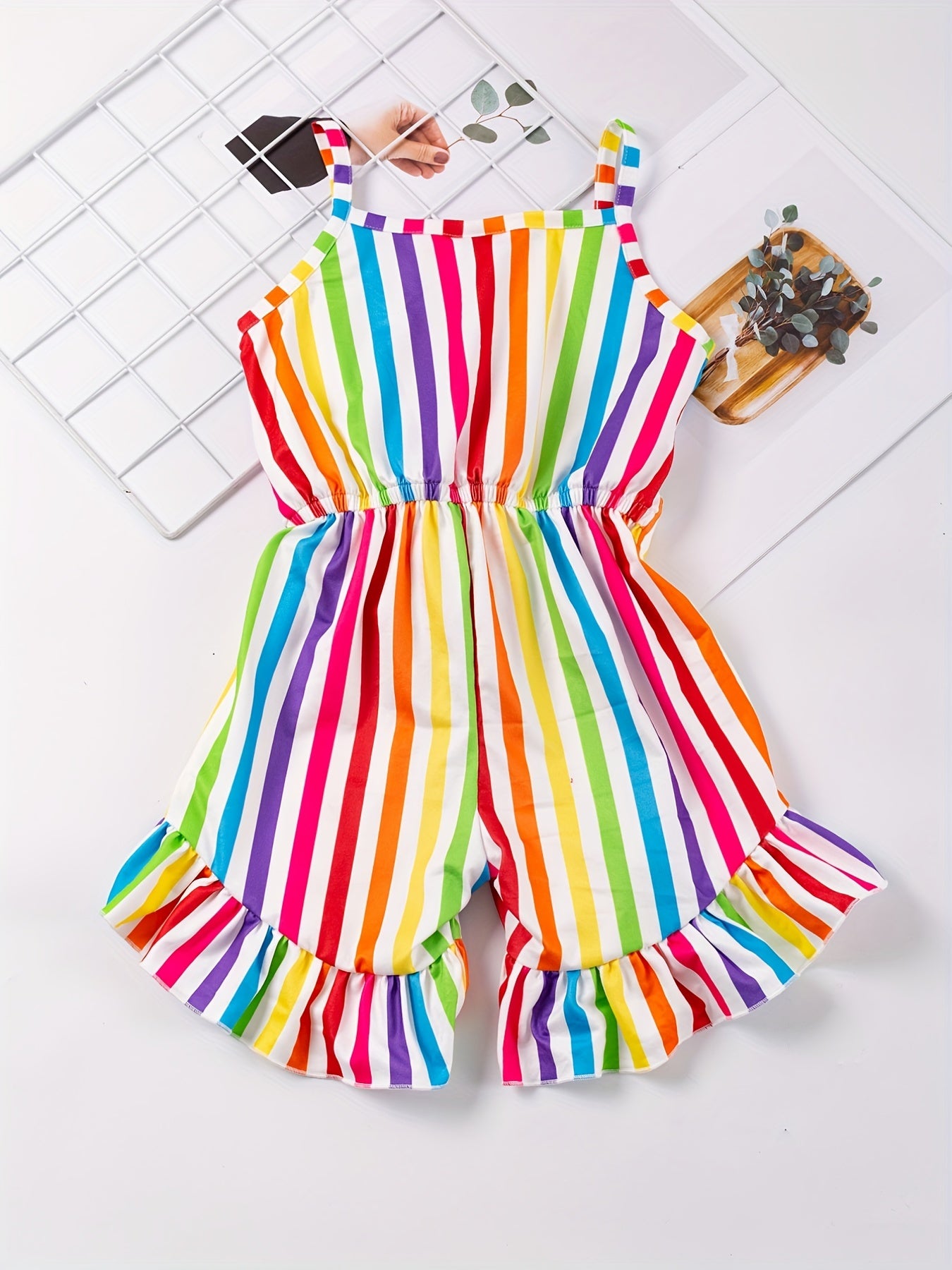 Baby Girls Colorful Striped Jumpsuit High Waist Ruffles Cami Romper