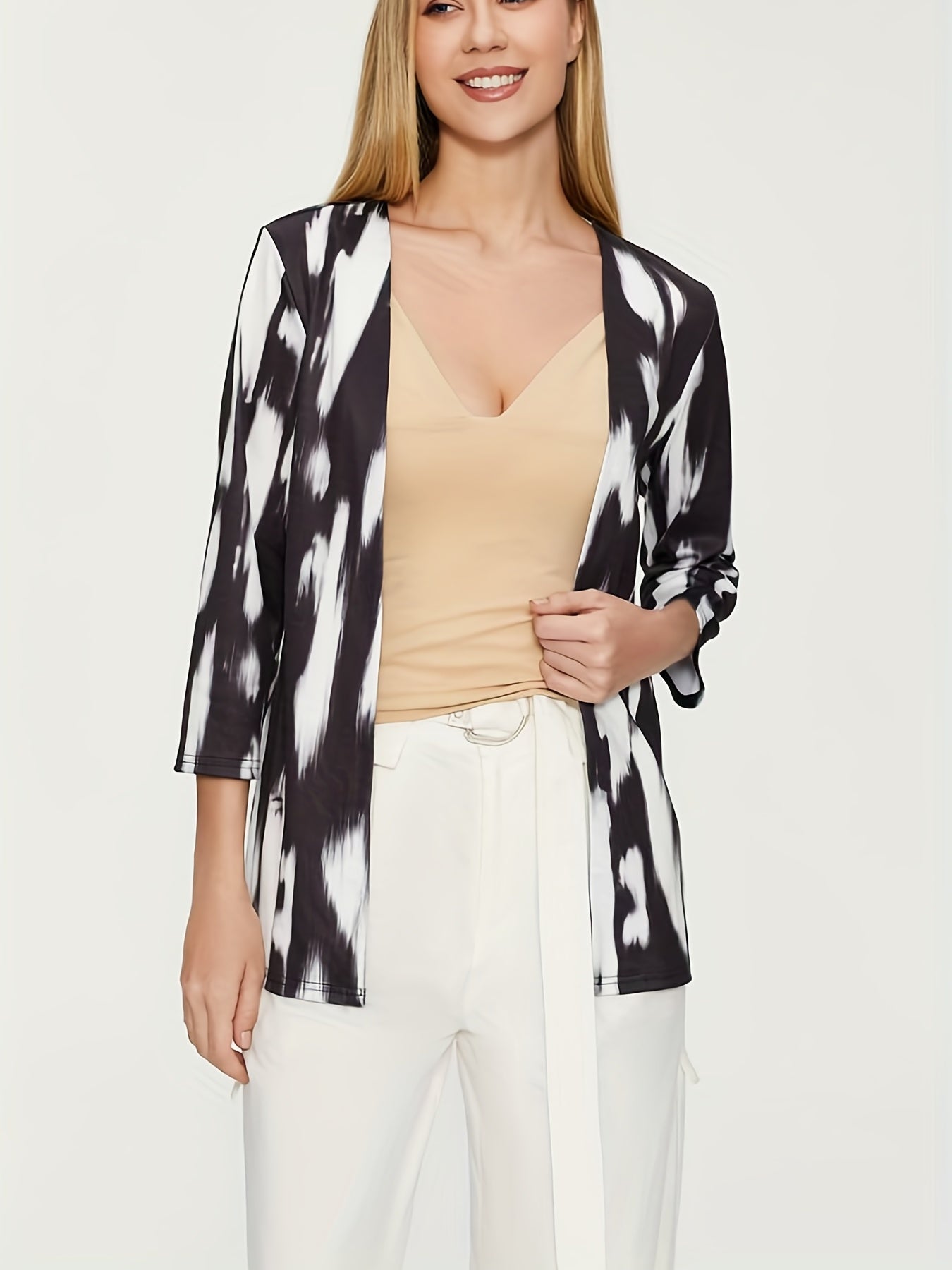 Tie Dye 3/4 Sleeve Cardigan Open Front Versatile Outerwear
