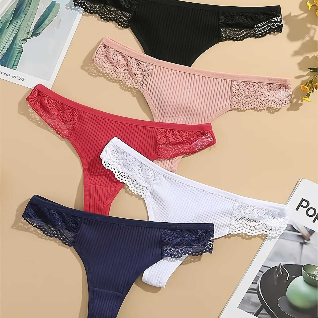 5pcs Lace Thongs Sexy Low Waist Panties Women's Lingerie