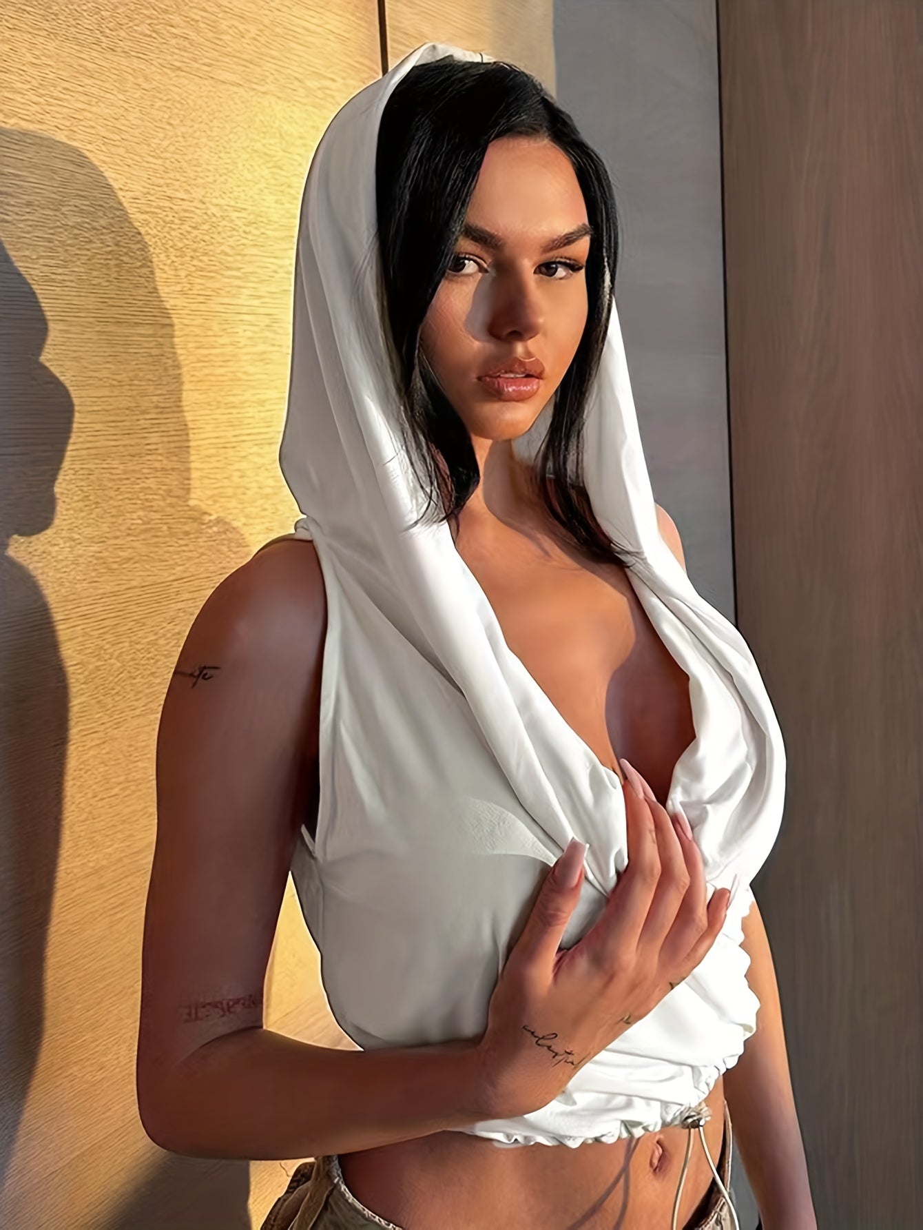 Sleeveless Crop Top Hoodie Solid Casual Top