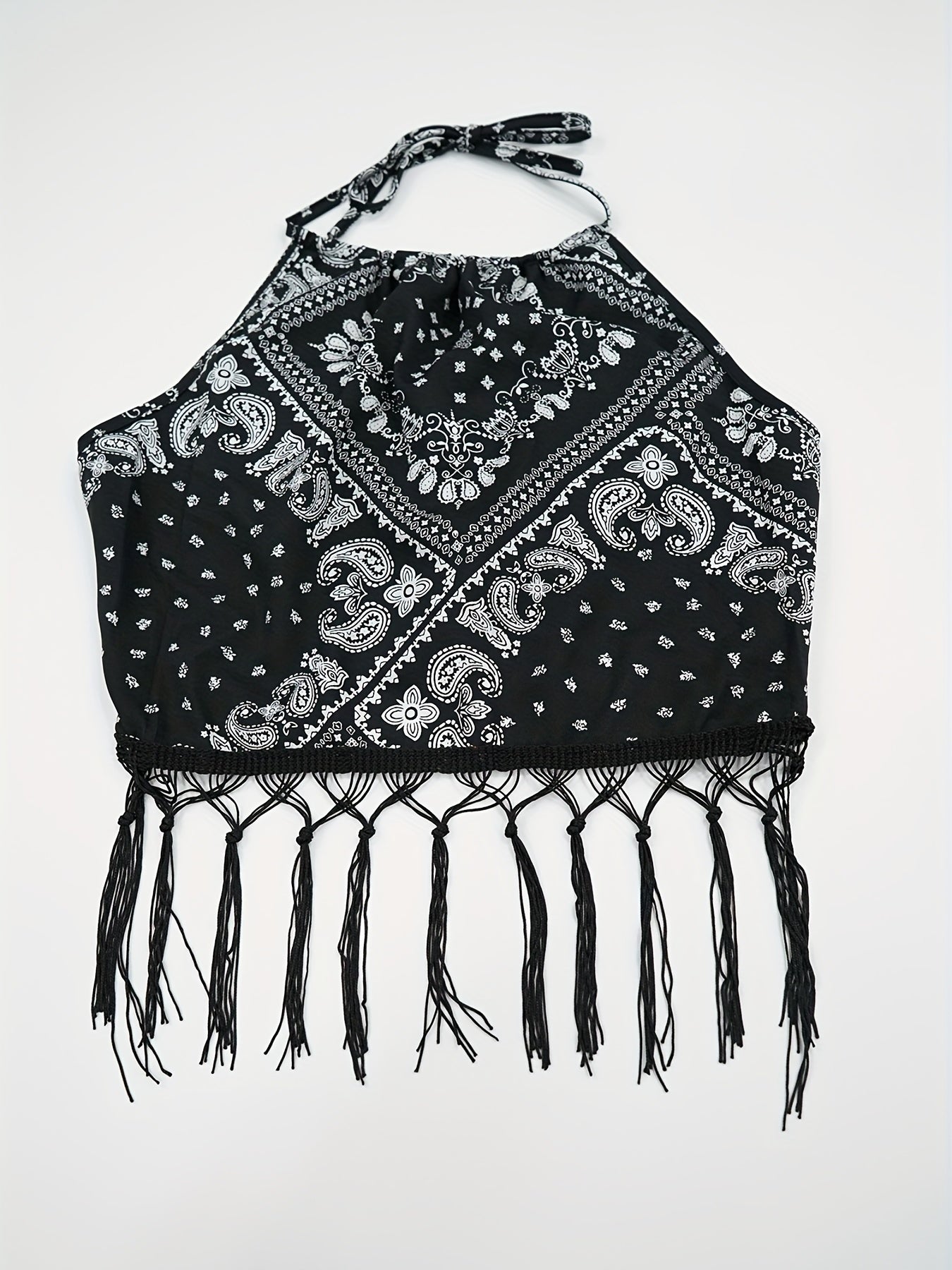 Paisley Print Tassel Halter Crop Top for Women