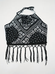 Paisley Print Tassel Halter Crop Top for Women