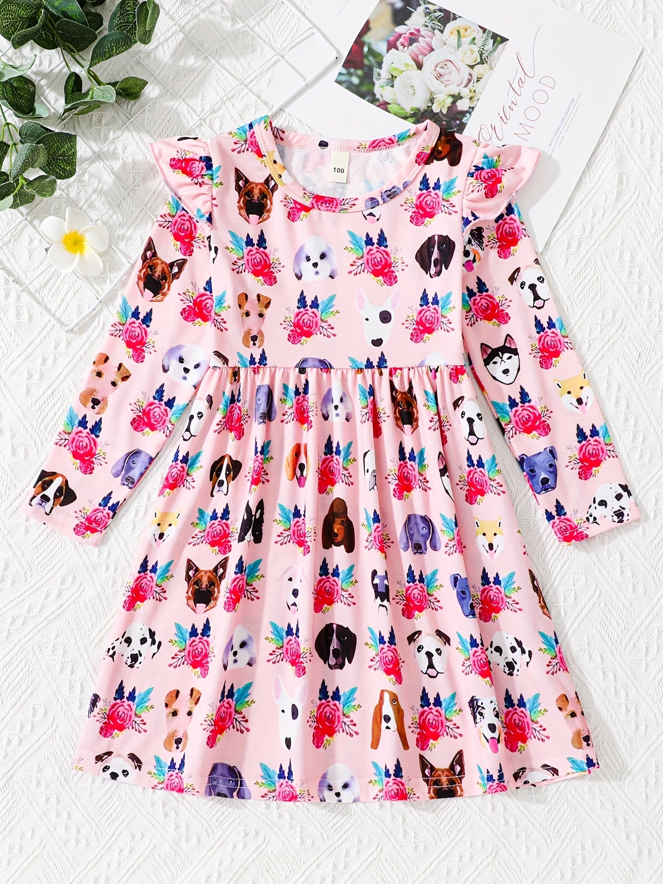 Farm Floral Animals Long Sleeve Skater Dress For Girls
