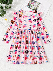 Farm Floral Animals Long Sleeve Skater Dress For Girls