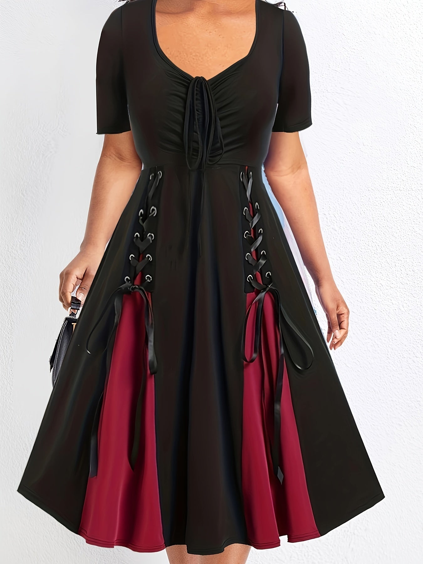 Colorblock Sweetheart Neck Lace Up A line Dress