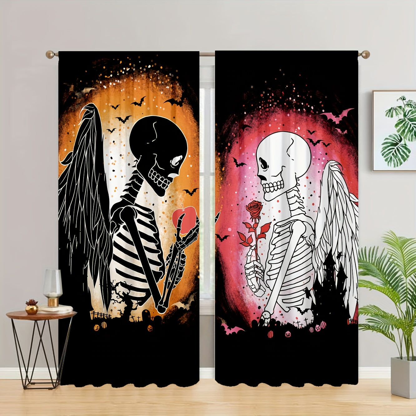 2 Panel Skull Printed Curtains Rod Pocket Top Window Drapes
