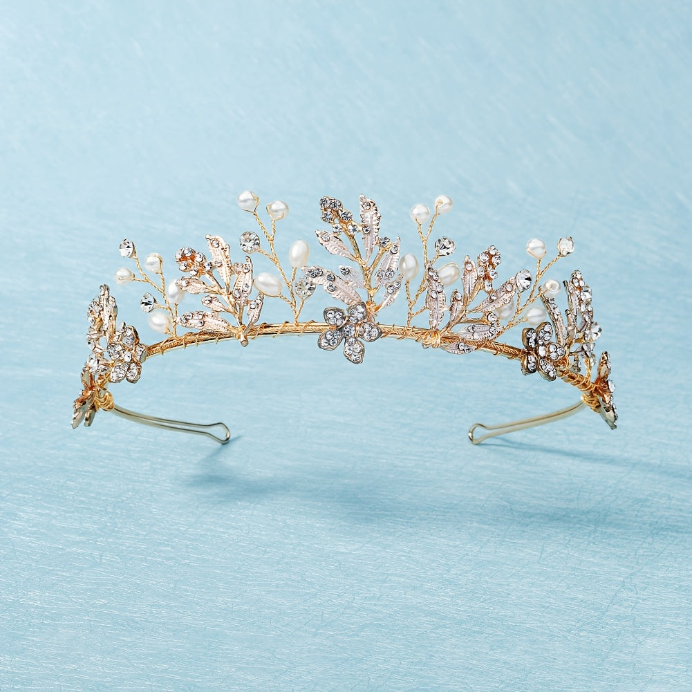Golden Leaf Crown Hairband Headband Faux Pearl Tiara