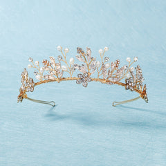 Golden Leaf Crown Hairband Headband Faux Pearl Tiara