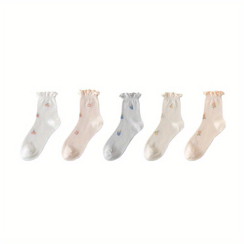 5 Pairs Floral Print Mesh Socks Thin Mid Tube Women's Stockings & Hosiery