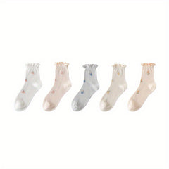 5 Pairs Floral Print Mesh Socks Thin Mid Tube Women's Stockings & Hosiery