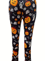 Women's Plus Pumpkin & Skull Print High Rise Leggings