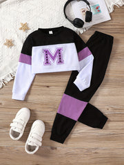 Girl's 2pcs Letter M Sweatshirt & Sweatpants Set for Spring Fall