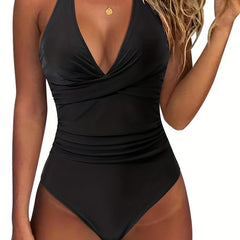 Backless Halter Tie One Piece Swimsuit High Stretch Solid Swimwear