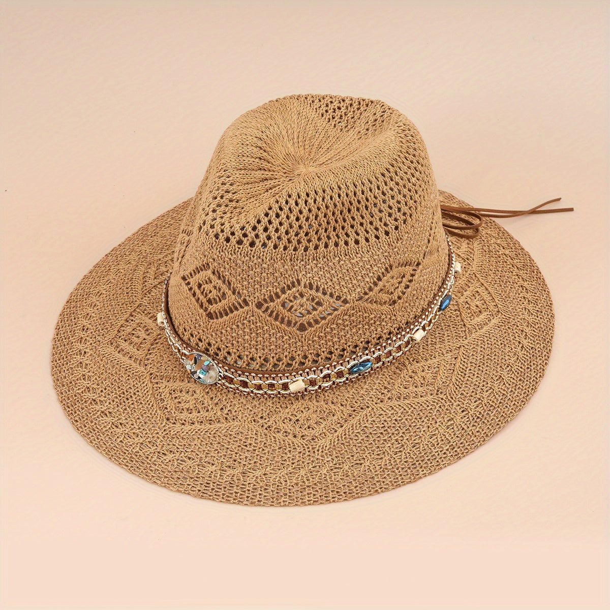 Boho Belt Decor Geometric Crochet Fedora Cap Breathable Summer Beach Hat