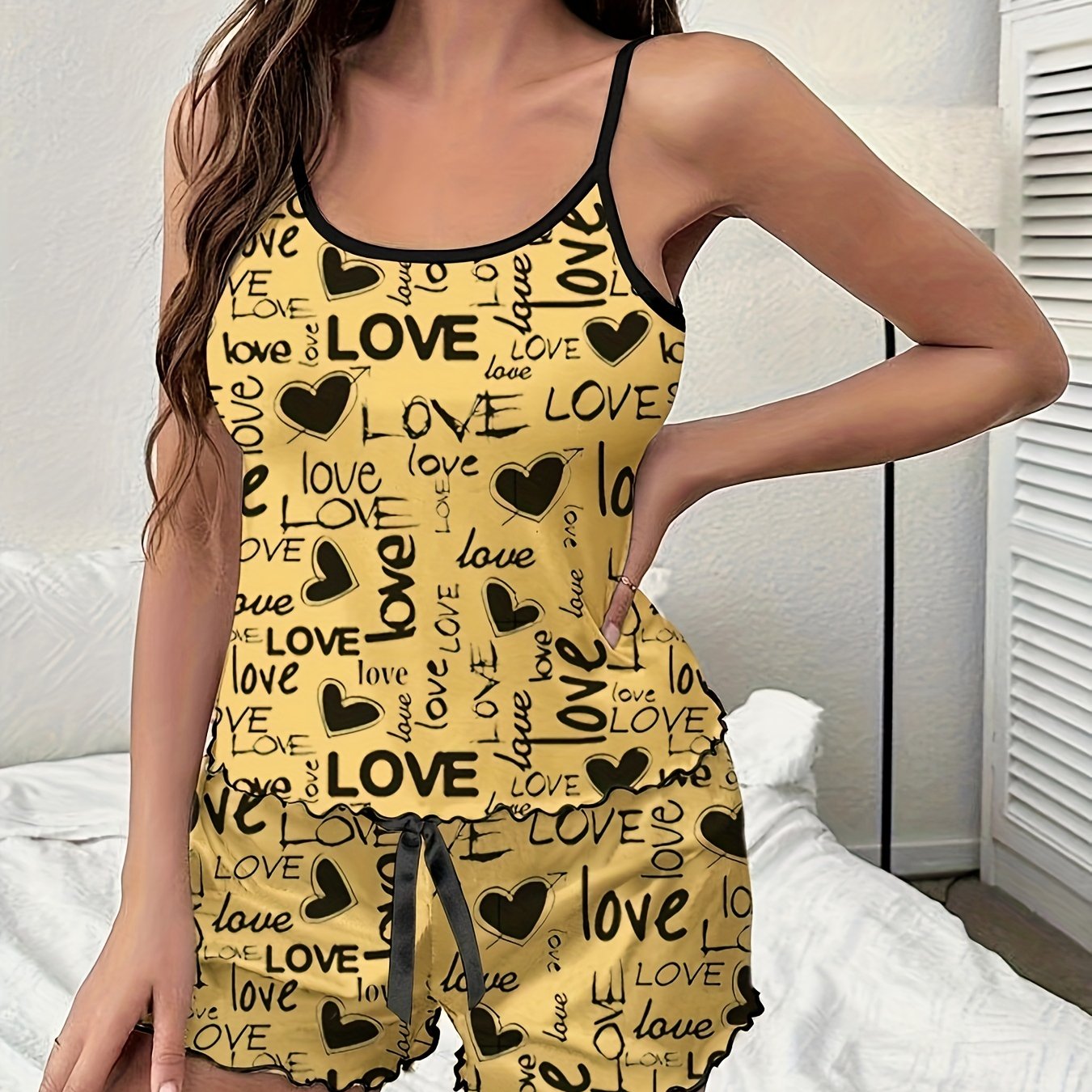 Letter Print Pajama Set Crew Neck Cami Top & Shorts