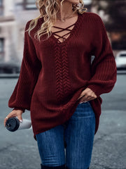 Criss Cross V Neck Solid Sweater Plus Size Lantern Sleeve Casual Sweater