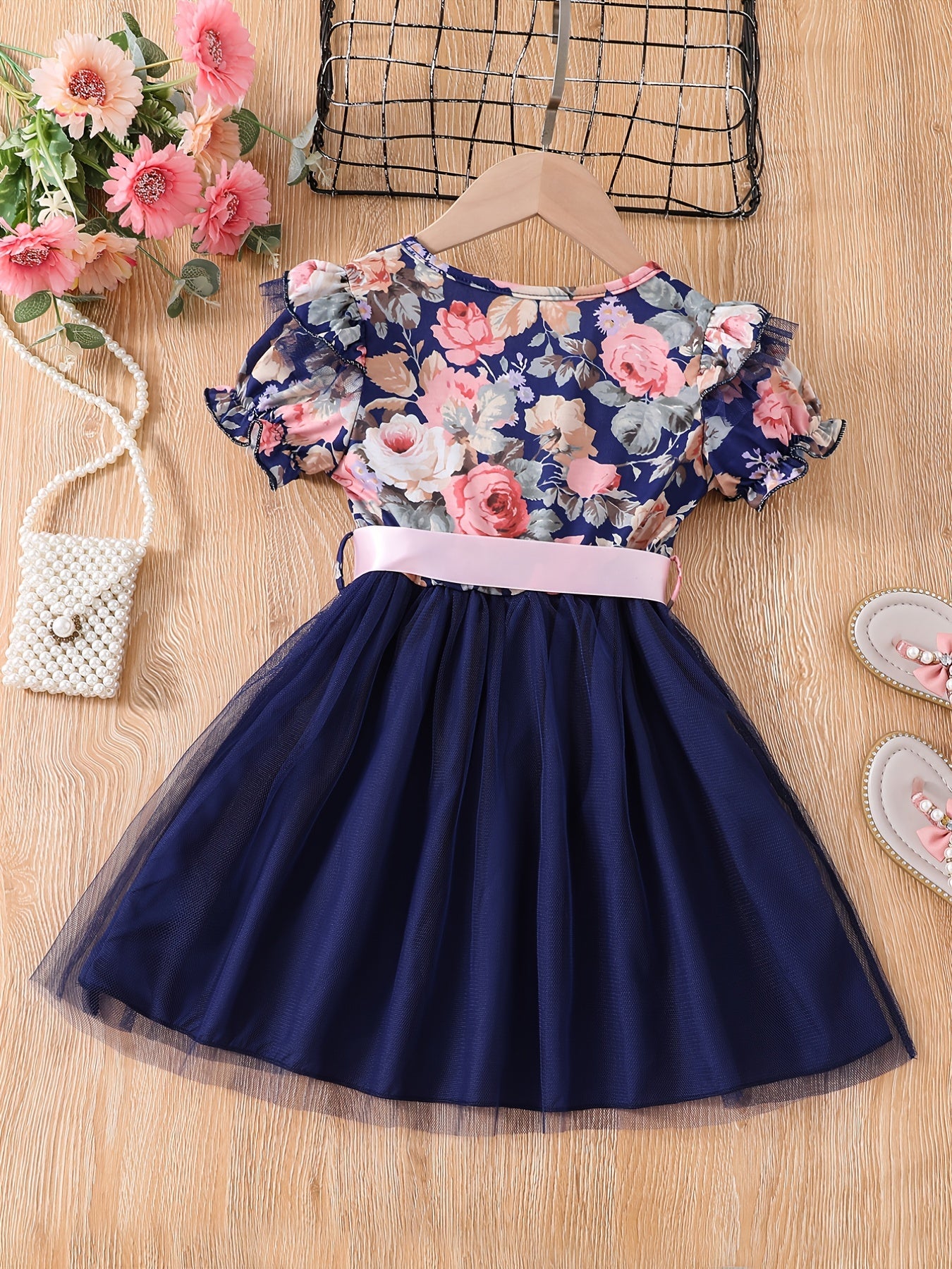 Toddler Girls Floral Princess Dress with Ruffle Trim and Belt