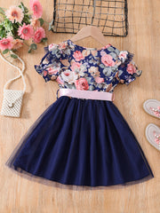 Toddler Girls Floral Princess Dress with Ruffle Trim and Belt