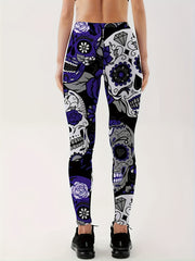 Halloween Leggings Women's Skull & Floral Print High Rise
