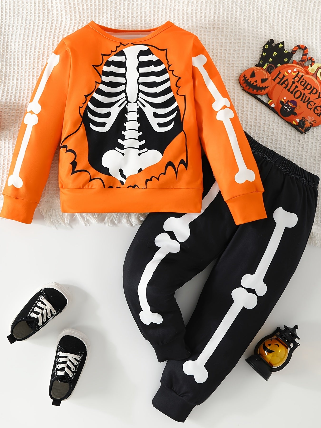 Skeleton Pattern Toddler Boy's 2pcs Sweatshirt & Sweatpants Set