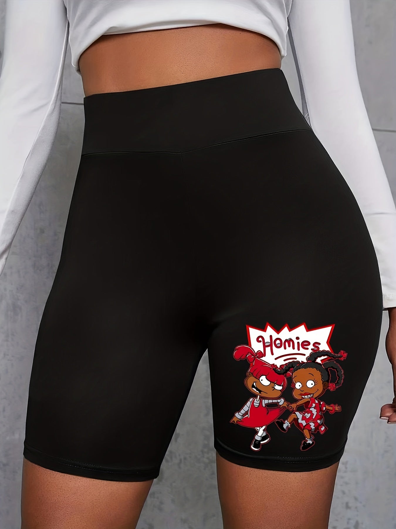 Plus Cartoon Figure & Letter Print Skinny Shorts