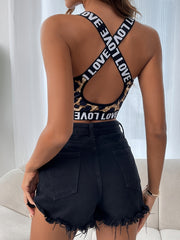 Leopard Cut Out Sports Bra Criss Cross Back