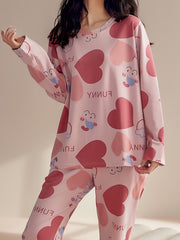 Heart Print Pajama Set Long Sleeve Crew Neck Top & Pants