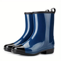 Women's Colorblock Rain Boots Waterproof Slip-on Mid Calf Boots